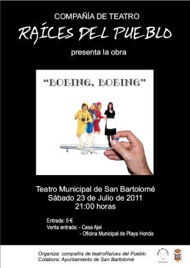 RAÍCES DEL PUEBLO PONE EN ESCENA  BOEING BOEING EL 23 DE JULIO EN SAN BARTOLOMÉ